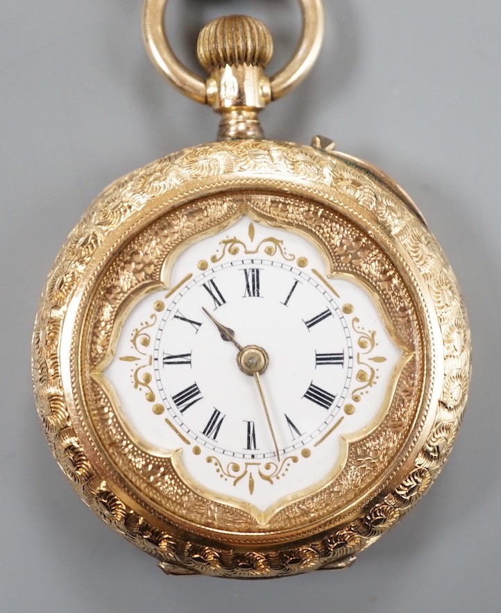 An early 20th century Swiss yellow metal open faced keyless fob watch, with Roman dial and gilt metal cuvette, case diameter 3mm, gross weight 30.7 grams.